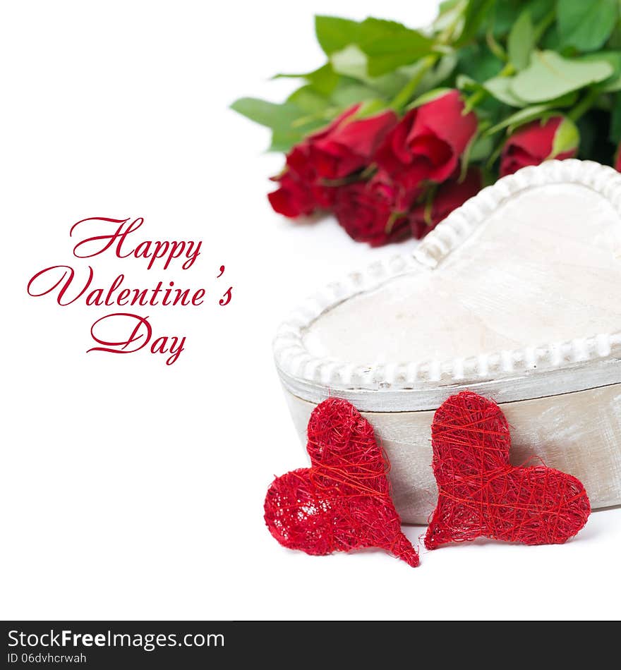 Wooden Box, Red Hearts And Roses, Isolated