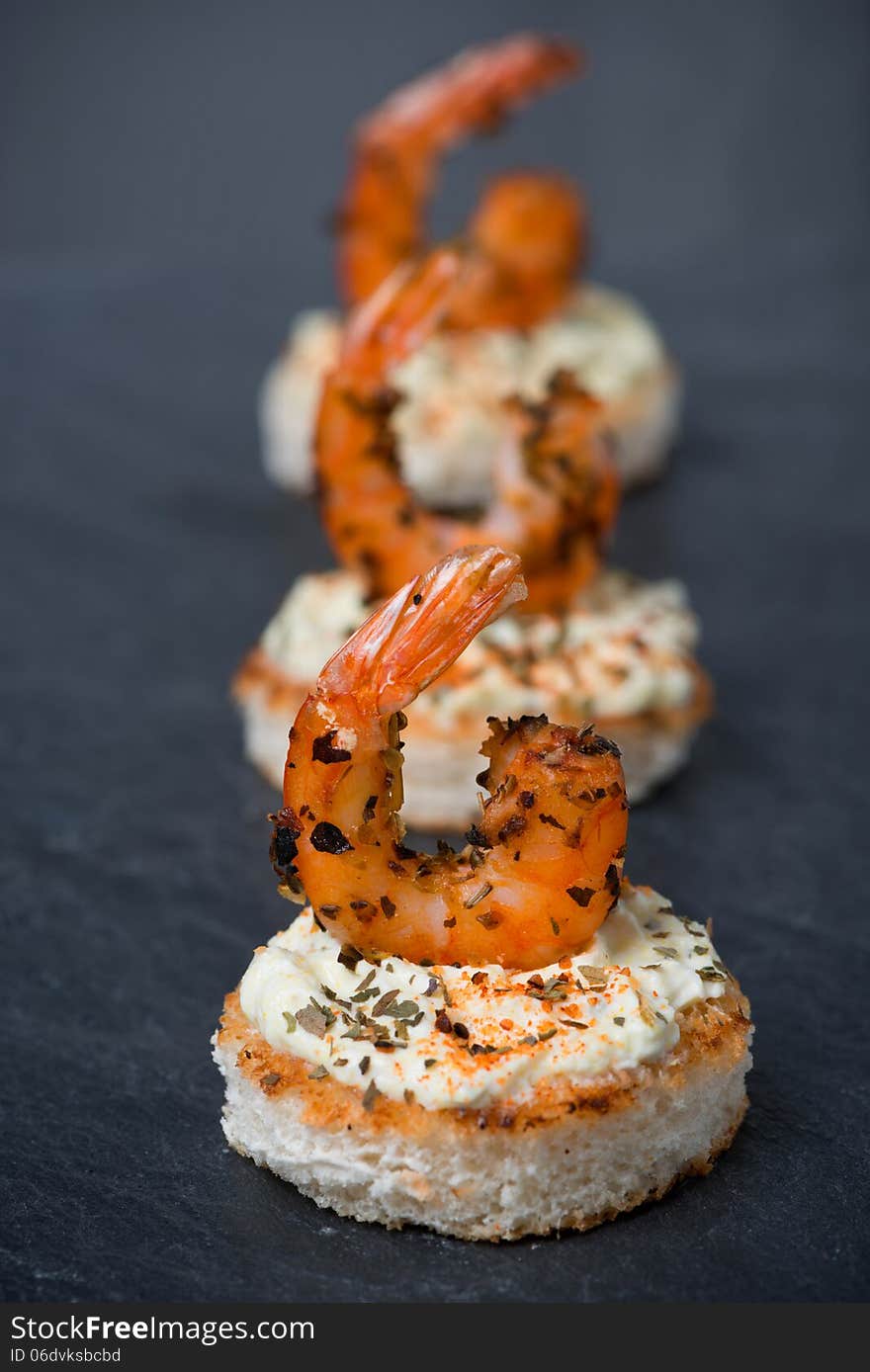 Appetizer With Spicy Shrimps On Toast, Close-up