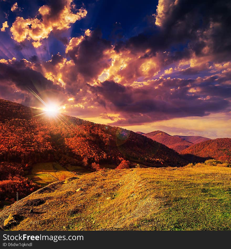 Autumn hillside with red and yellow forest at sunset