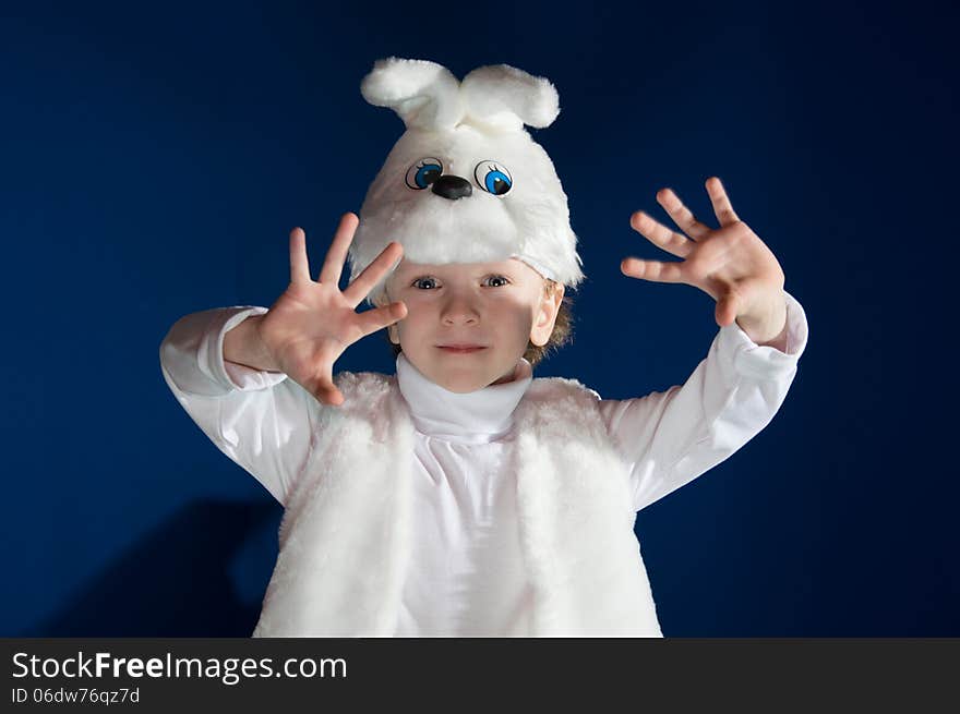 Boy dressed up as a new year costume of white Bunny. Boy dressed up as a new year costume of white Bunny