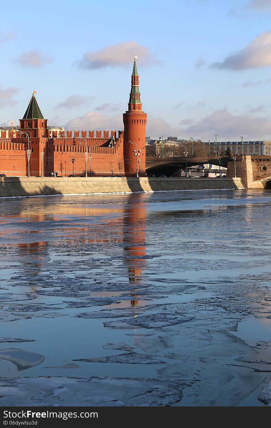 Beautiful winter river landscape with Moscow Kremlin towers. Beautiful winter river landscape with Moscow Kremlin towers