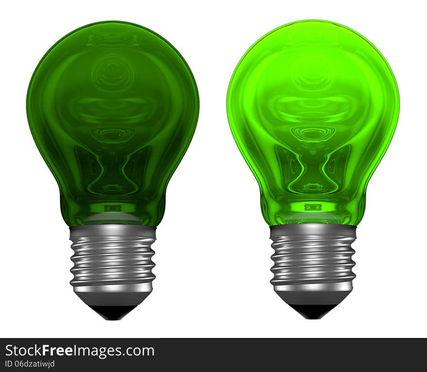 Green light bulbs with weird reflections isolated on white, one bulb is glowing, another isn't. Green light bulbs with weird reflections isolated on white, one bulb is glowing, another isn't