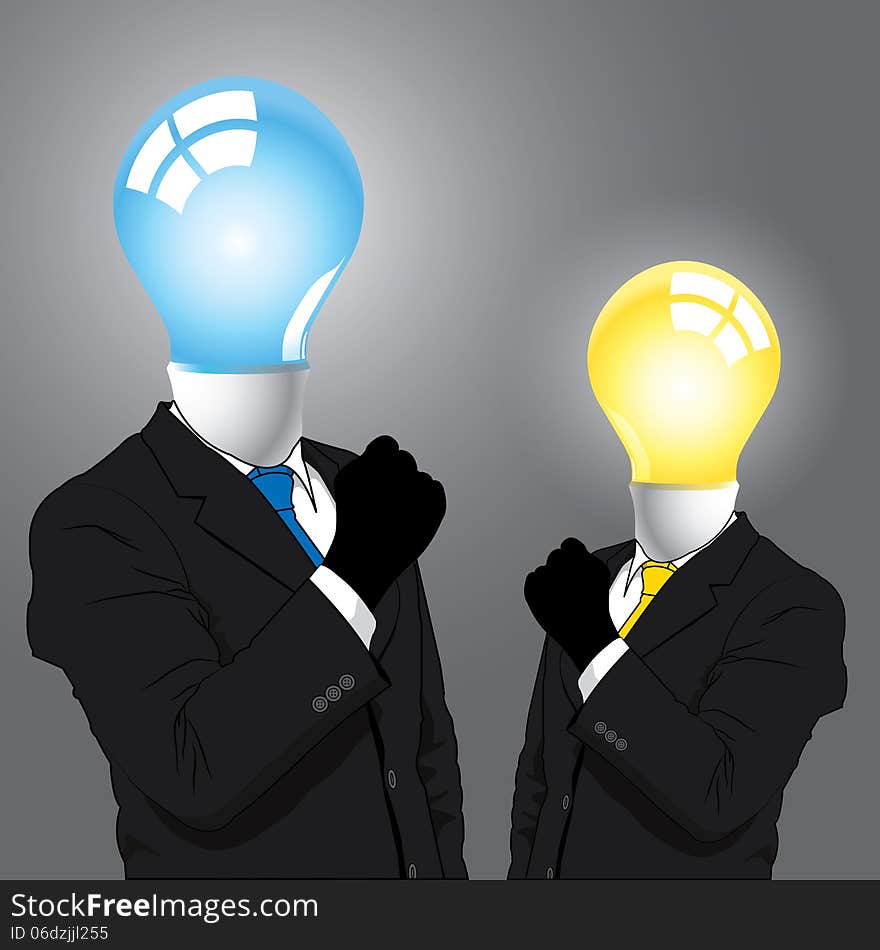 Two business suit with light bulb, concept business idea, illustration. Two business suit with light bulb, concept business idea, illustration.