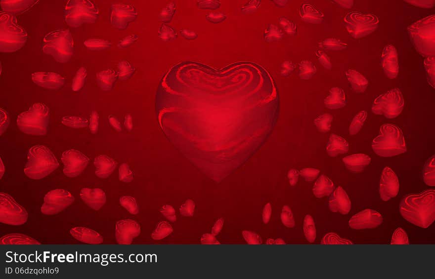 Rotating red hearts in center and on background. Rotating red hearts in center and on background