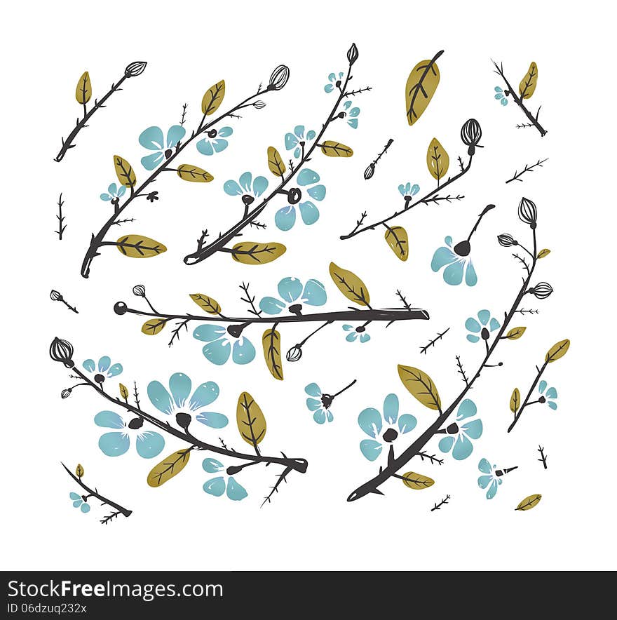 Flowers and Leaves Branches for Decoration Set