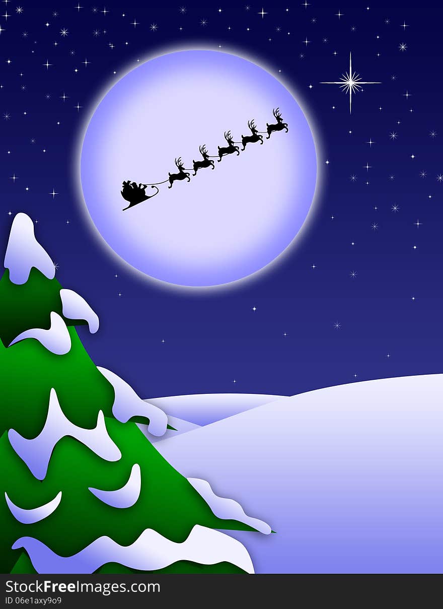 Santa Clause and his reindeer fly on Christmas in front of a large, glowing moon across a snowy sky. Santa Clause and his reindeer fly on Christmas in front of a large, glowing moon across a snowy sky.