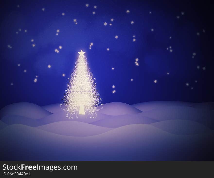 Abstract glowing Christmas tree on winter background.