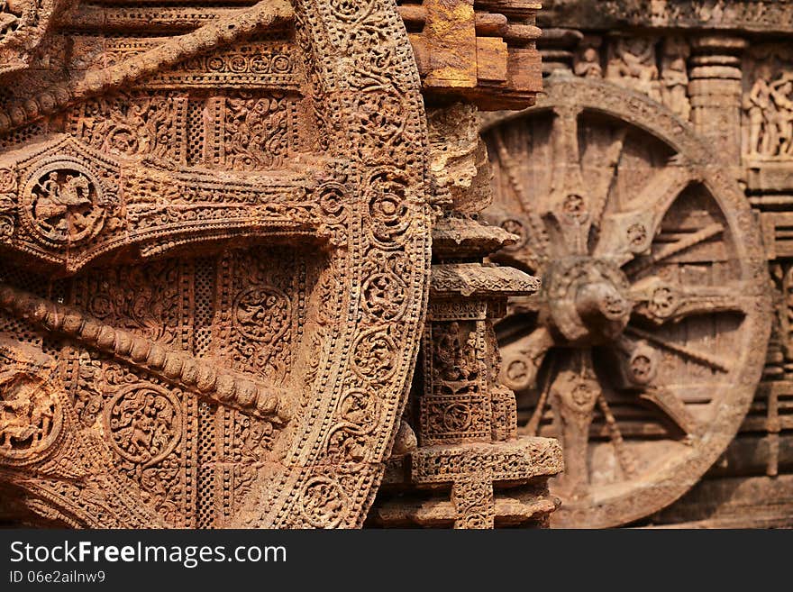 Ancient wall wheel sculptors at the Konark sun temple in Orissa. Ancient wall wheel sculptors at the Konark sun temple in Orissa.