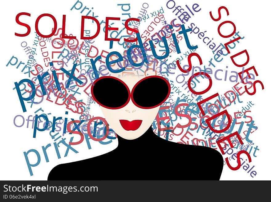 Woman thinks about shopping - creative illustration with French words generated by a stylish woman