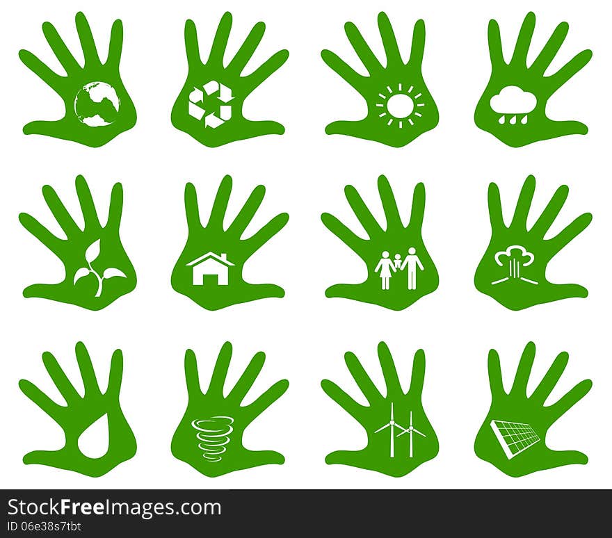 Set of ecological icons on hand print, vector eps 8 illustration. Set of ecological icons on hand print, vector eps 8 illustration