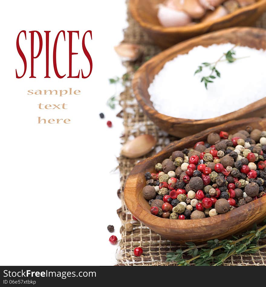 Assorted hot pepper and sea salt in a bowls, isolated on white