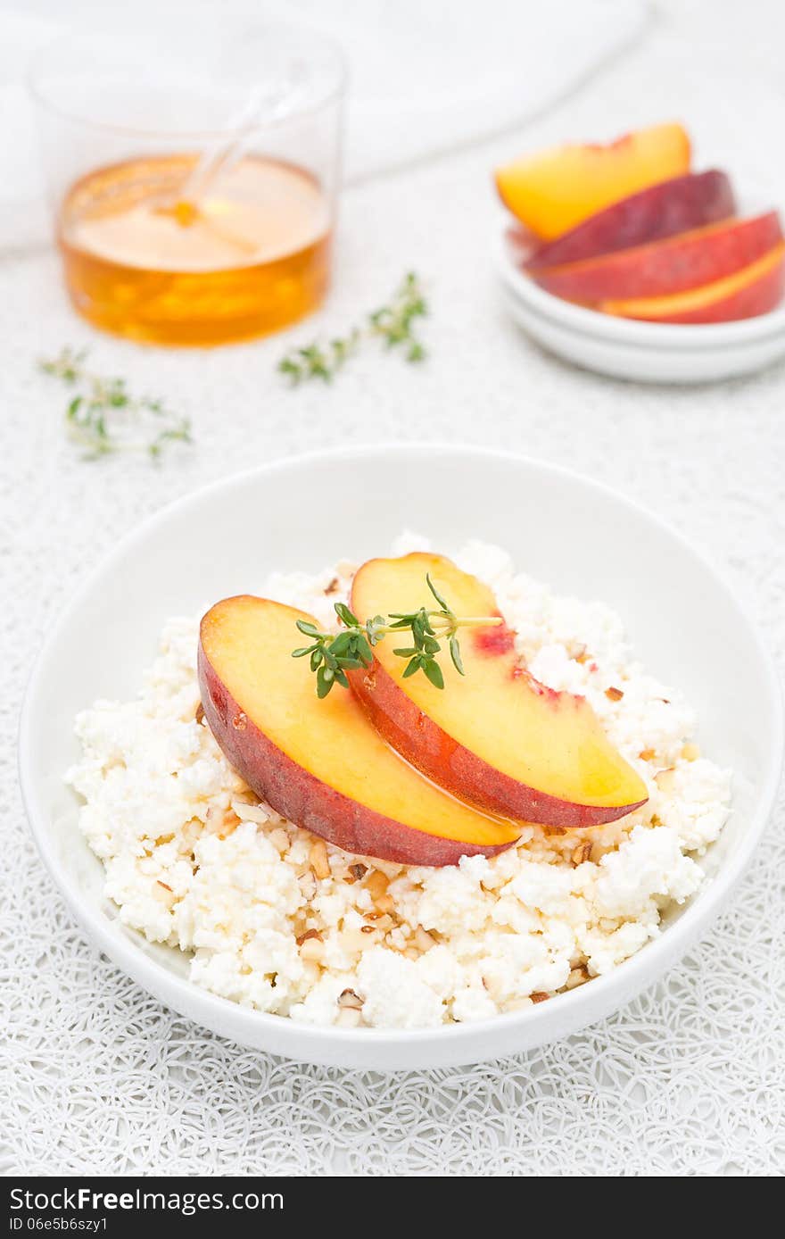 Fresh Homemade Cottage Cheese With Honey, Walnuts And Peaches