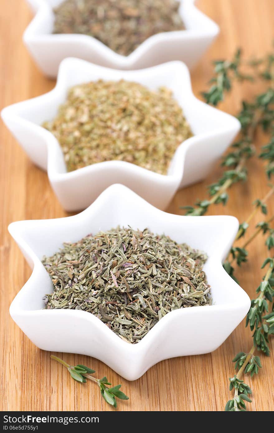 Provence herbs - thyme, oregano and basil, selective focus