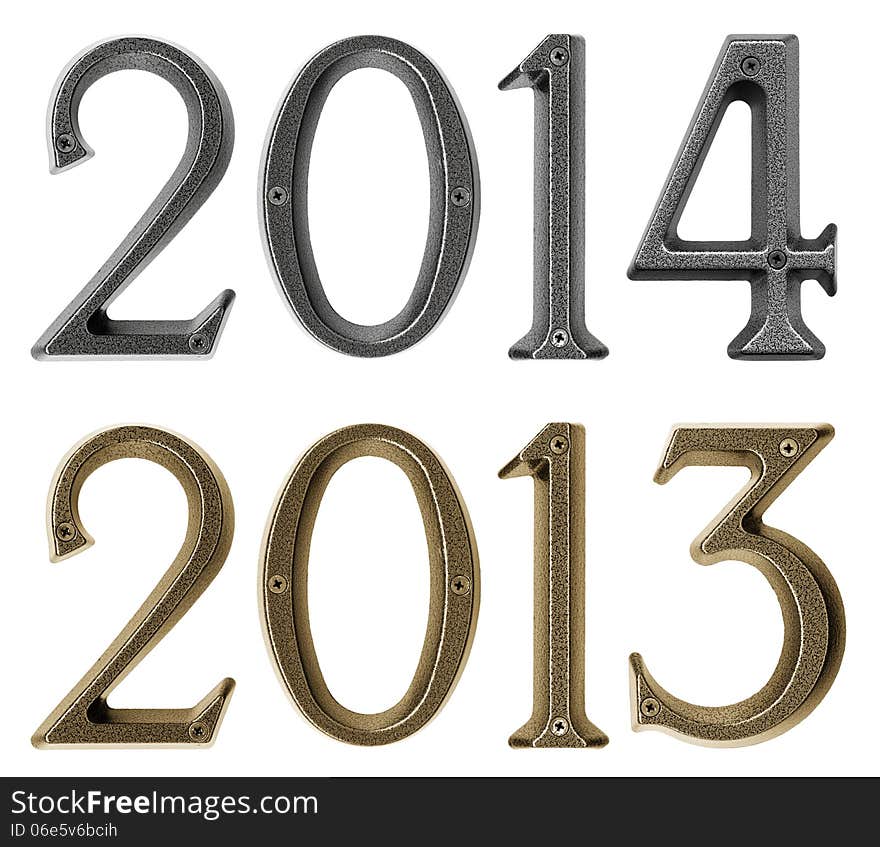 New year 2014 is coming concept - metal numbers 2013 and 2014, isolated over white background