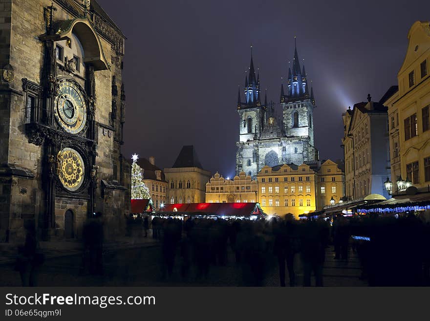 Image of famous Old Town Square in Prague, with astronomical clock, during Christmas. Image of famous Old Town Square in Prague, with astronomical clock, during Christmas.