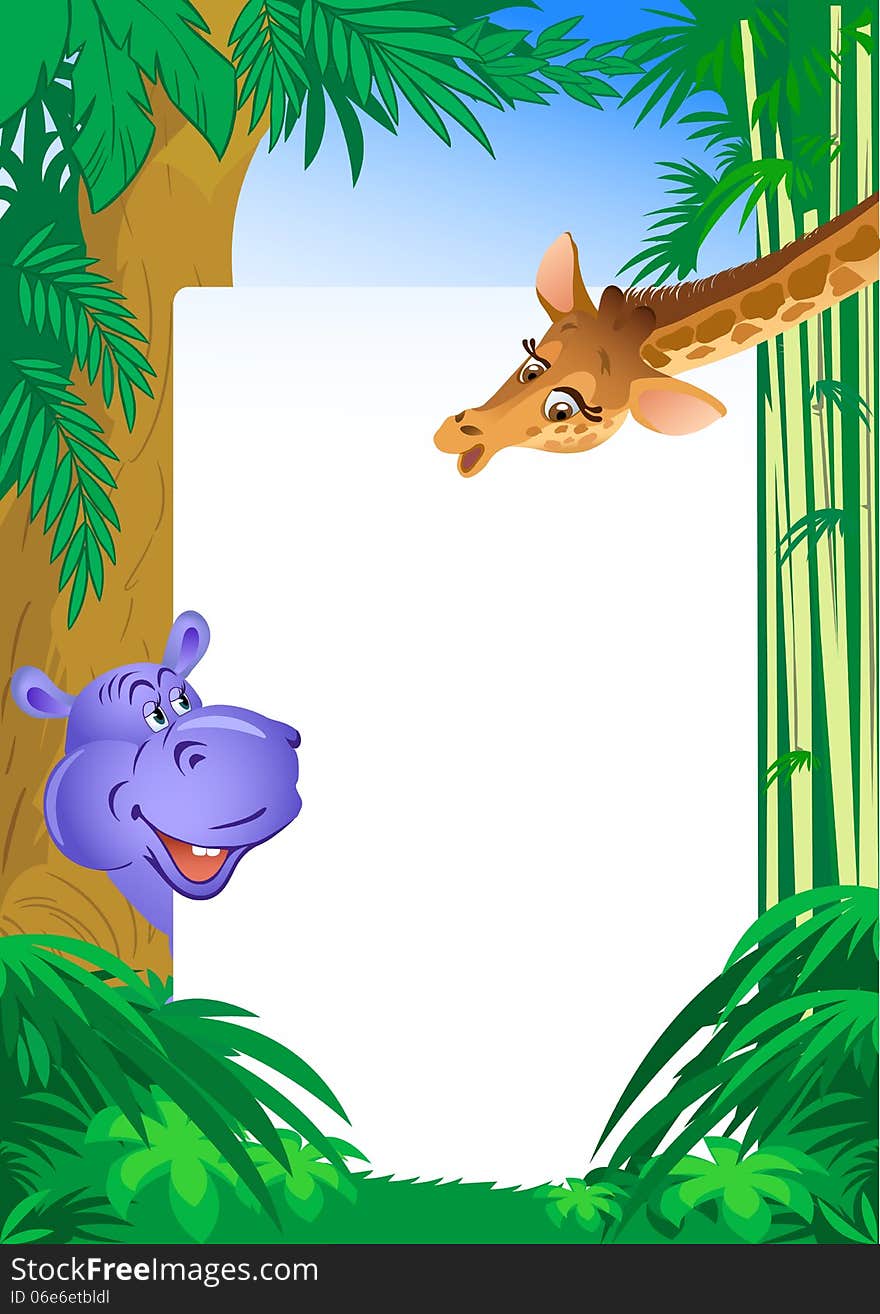 The illustration shows a hippopotamus and giraffe on background white frame for text and jungle. Achieved in cartoon style, on separate layers. The illustration shows a hippopotamus and giraffe on background white frame for text and jungle. Achieved in cartoon style, on separate layers.