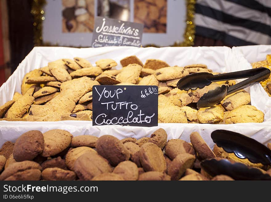 Variety of French biscuits for sale at a fair. Variety of French biscuits for sale at a fair