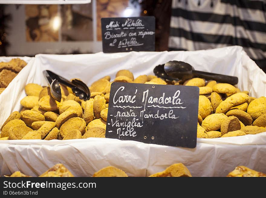 Variety of French biscuits for sale at a fair. Variety of French biscuits for sale at a fair