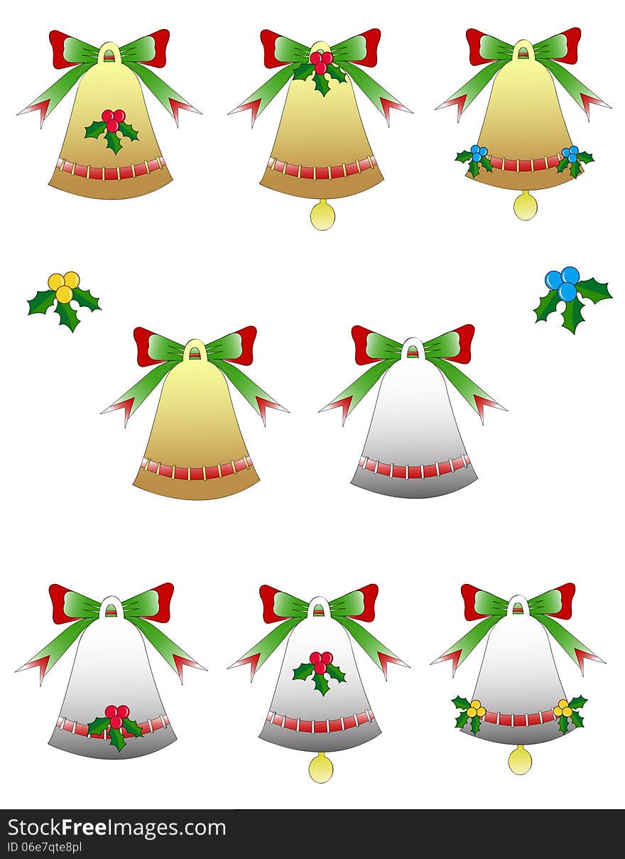 Illustration of eight bells pack silver and gold decorated christmas different reasons. Illustration of eight bells pack silver and gold decorated christmas different reasons.