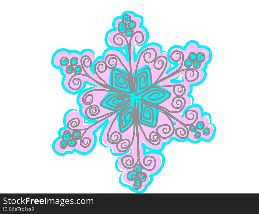 Freehand style painting - blue pink grey snowflake. Freehand style painting - blue pink grey snowflake