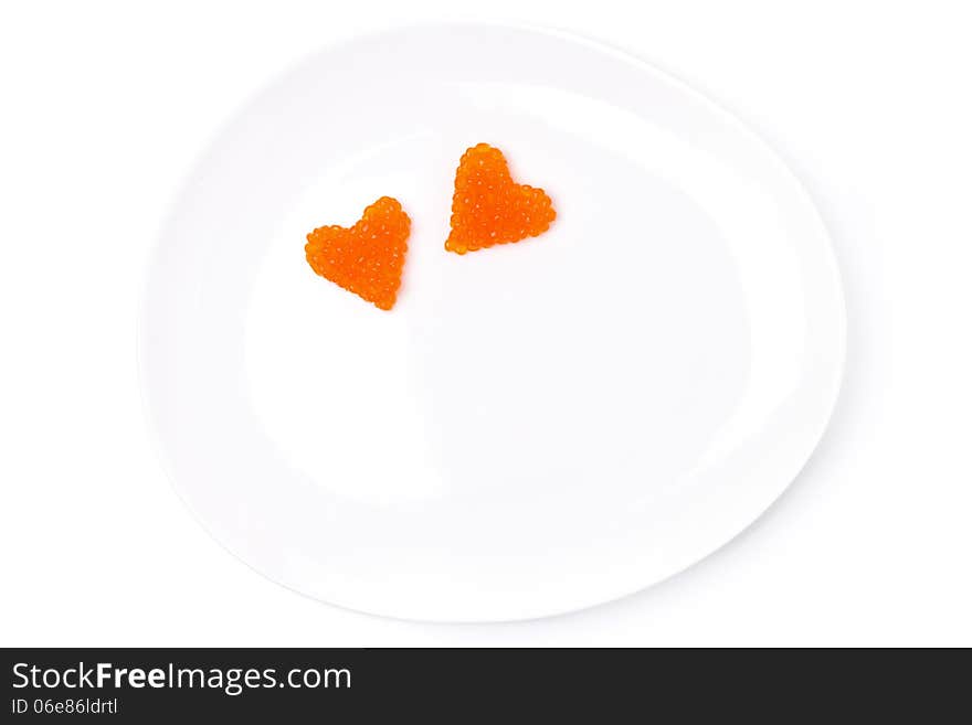 Two Hearts Of Red Caviar On A Plate, Isolated