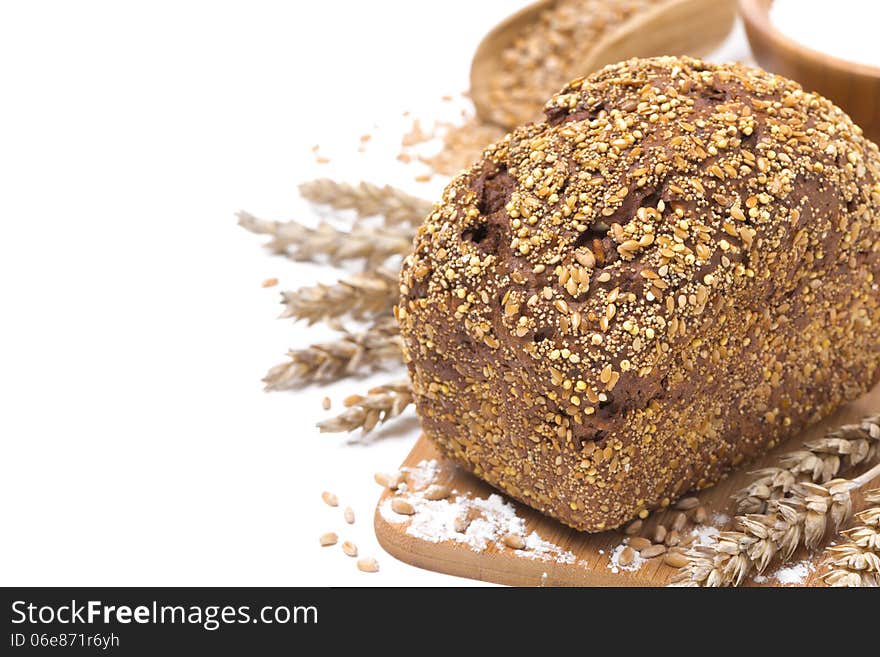 Whole Grain Bread With Seeds, Wheat And Flour, Isolated