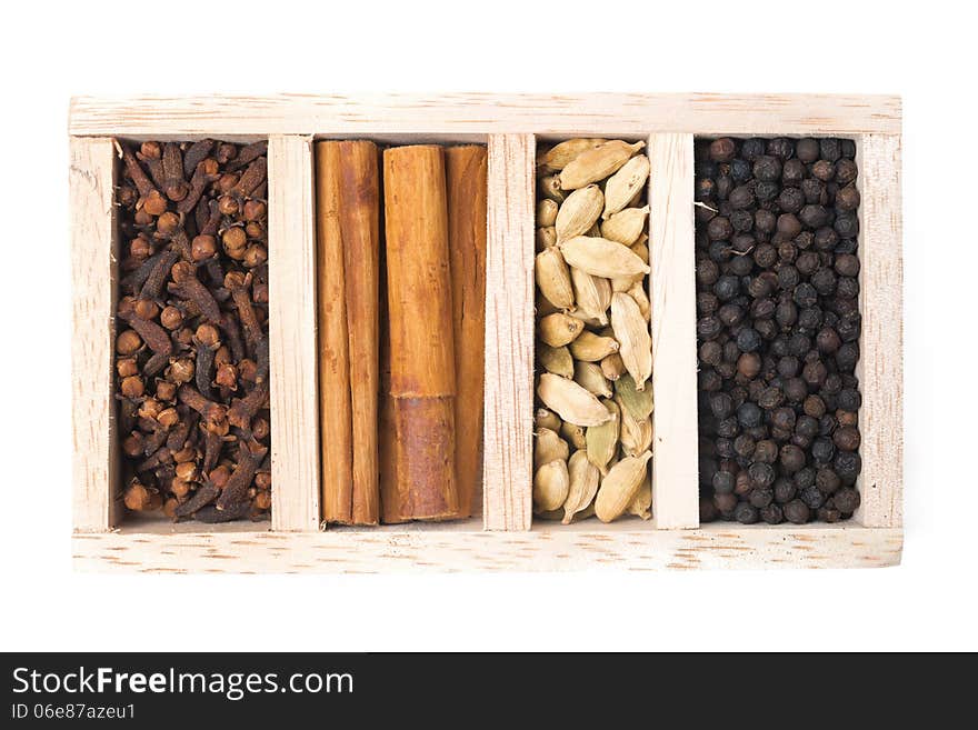 Wooden Box With Different Kinds Of Spices, Isolated, Top View