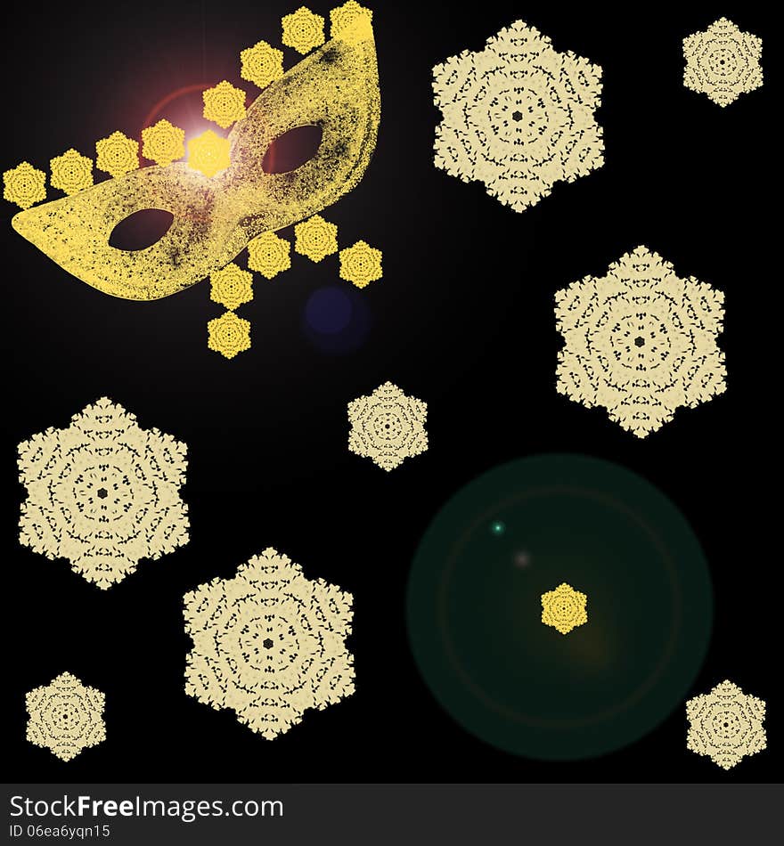 Drawing of a gold mask on a black background with snowflakes