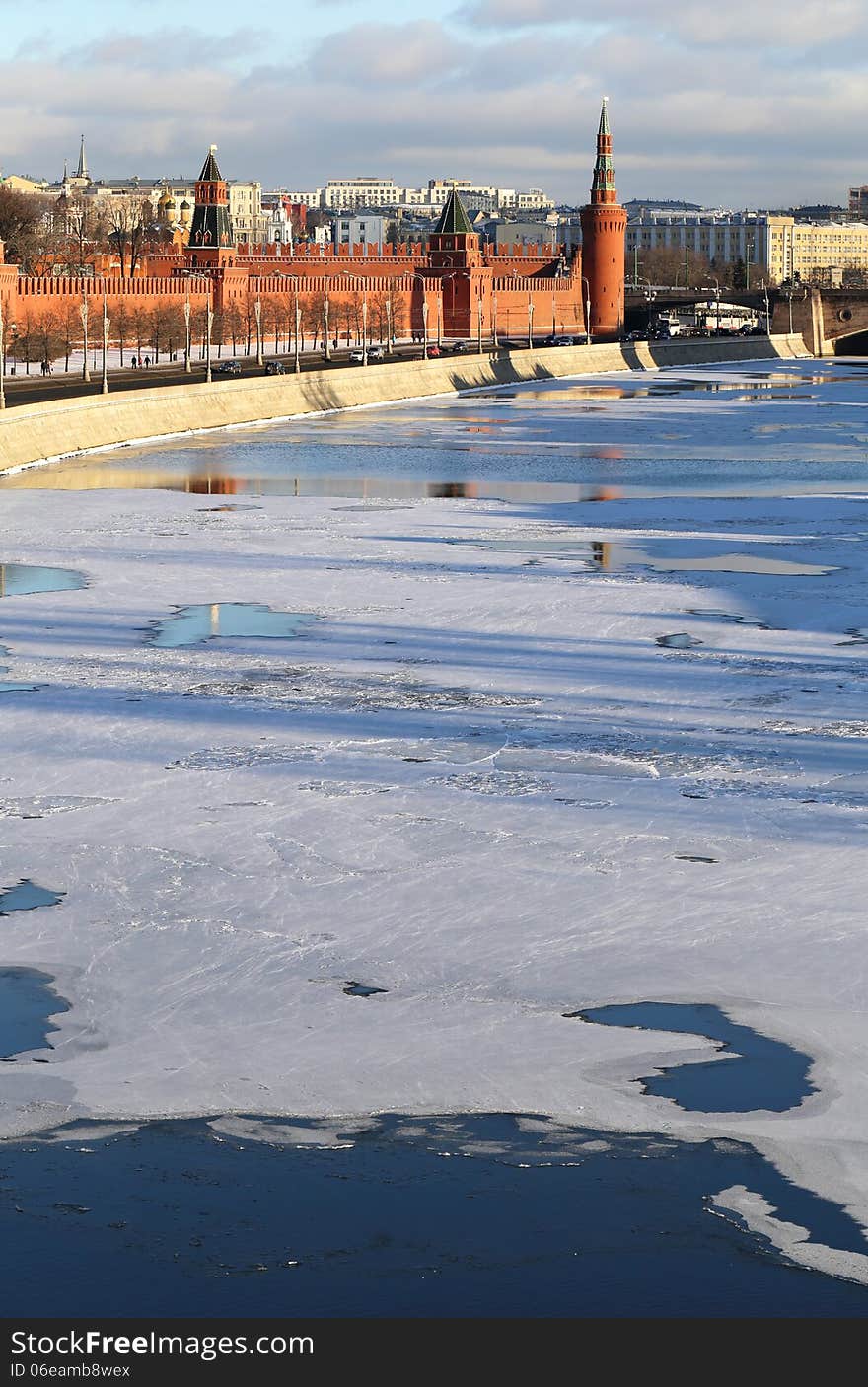 Moscow winter river landscape with Kremlin towers sunny afternoon