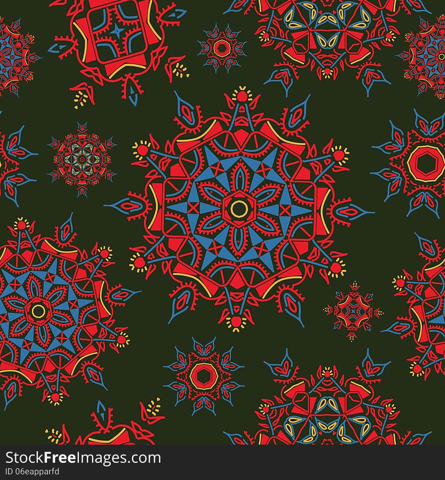 Multicolor bright ethnic floral pattern texture. vector illustration with round hand drawn flowers and snowflakes isolated on dark green gradient background.