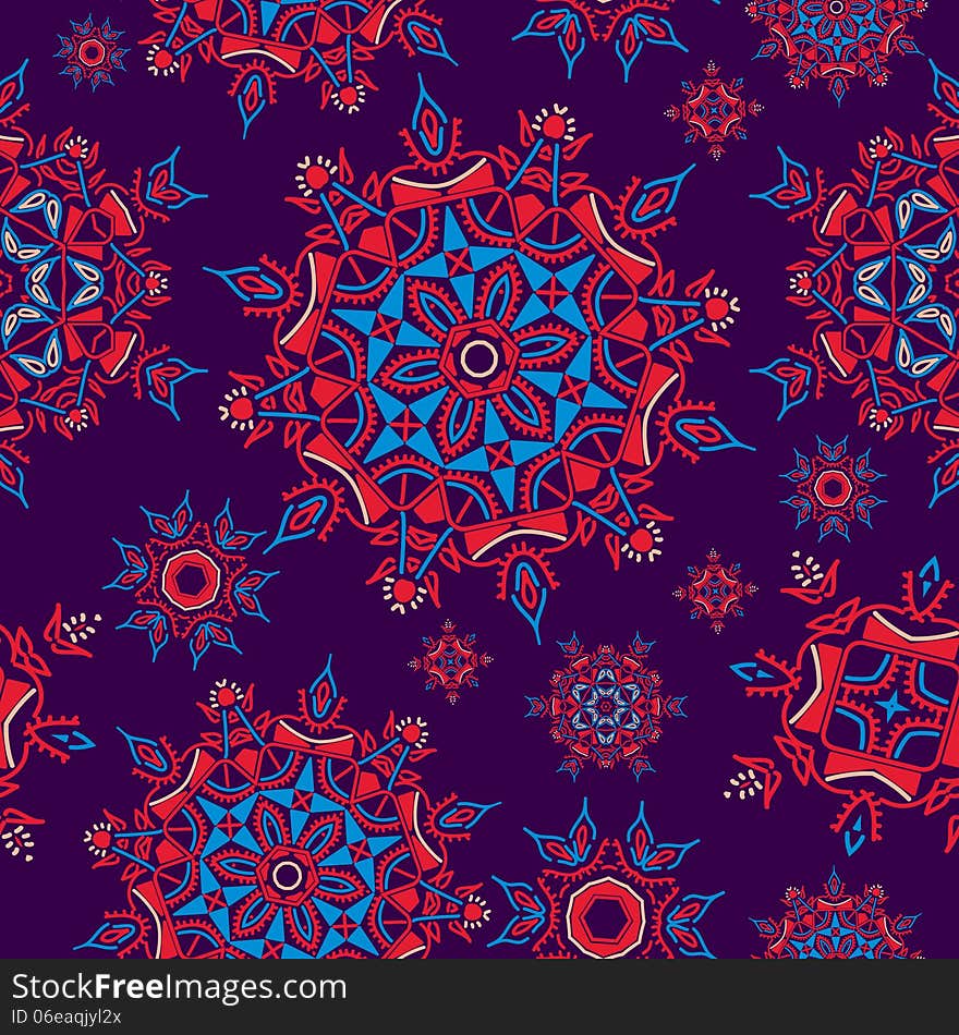 Colorful ethnic floral pattern background. illustration with round hand drawn flowers and snowflakes. violet, red, blue colors