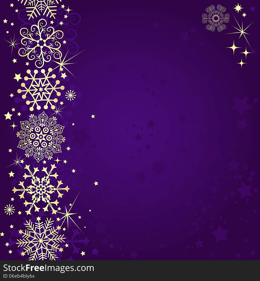 Violet christmas frame with gold snowflakes and stars (vector)