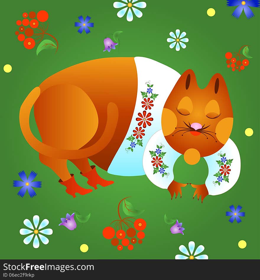 Fabulous red cat in a white shirt and boots is sleeping on the grass.