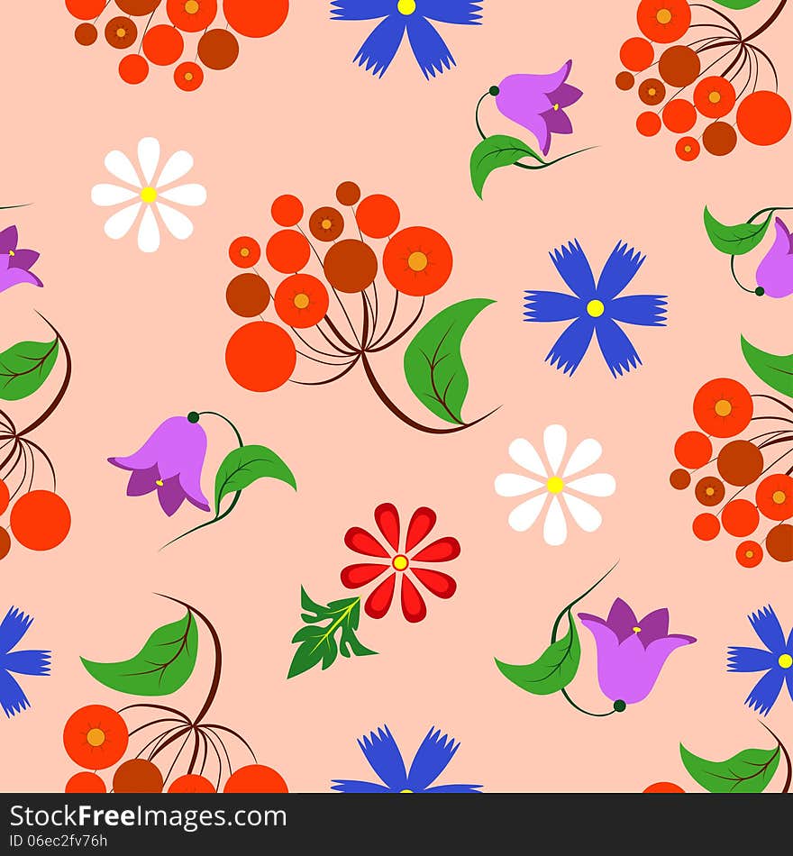 Seamless floral background with flowers, bellflowers, berries.