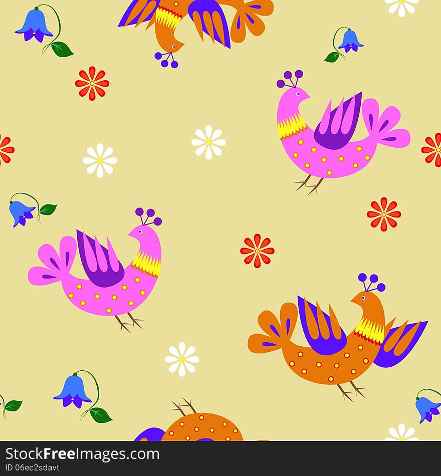 Seamless floral background with flowers, birds.