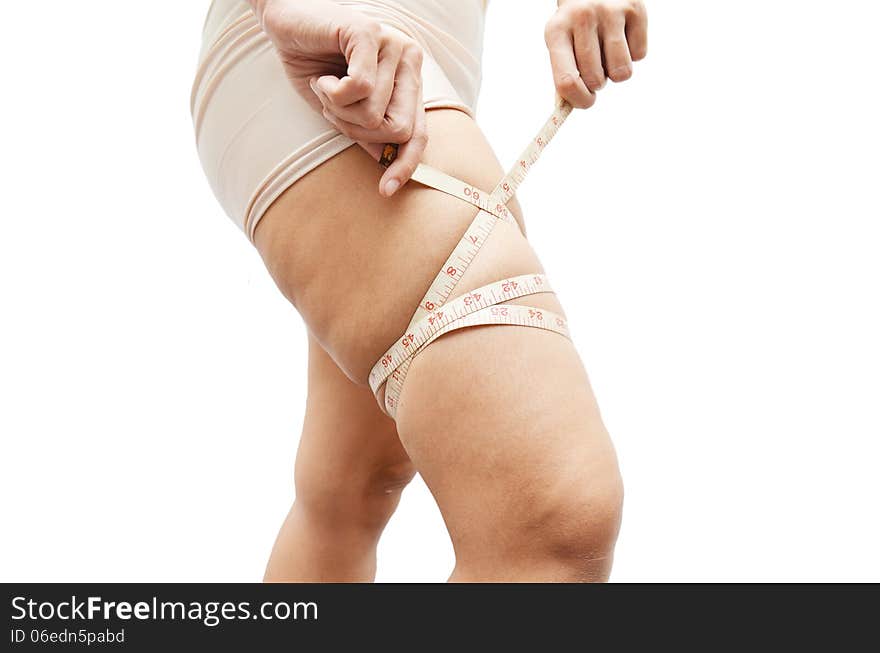 Fat female leg with measure tape on white background