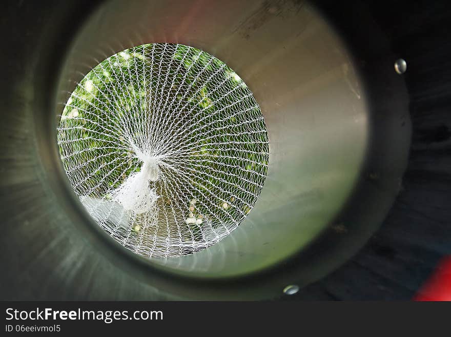 Packing machine for Christmas trees as viewed from the inside