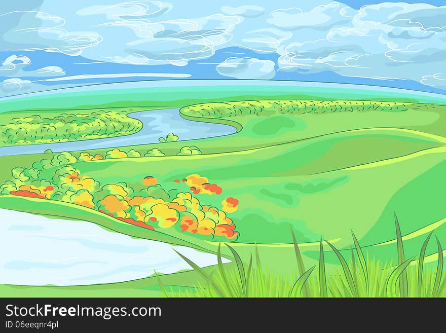 Vector European flat landscape with river