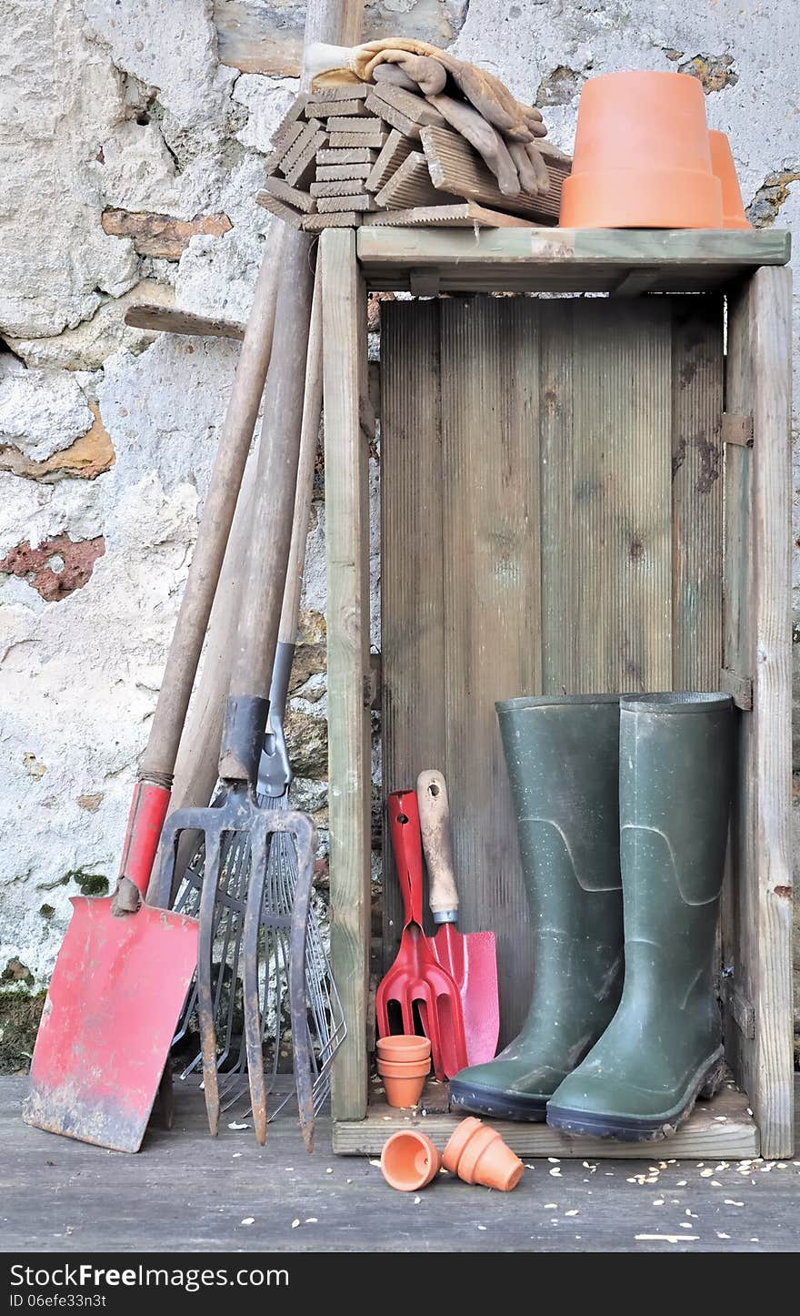 Equipment and gardening tools in a rustic setting