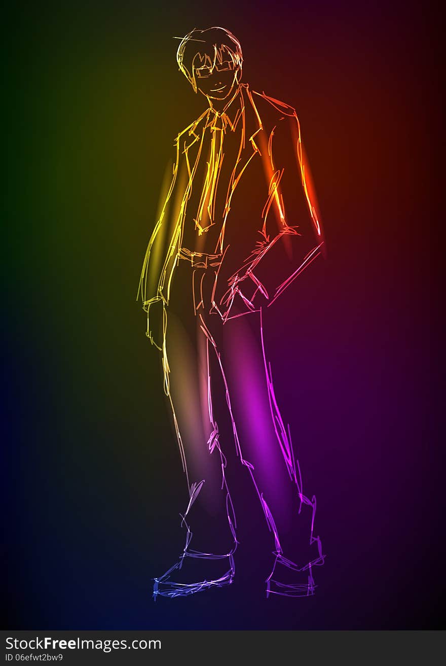 Sketch. Handsome stylish man. Hand-drawn fashion model from a neon. A light man