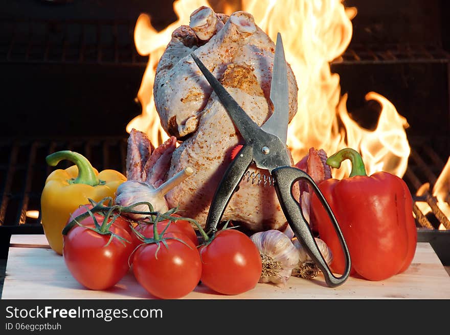 Chicken and Vegetables before the Flame in BBQ Facilities. Chicken and Vegetables before the Flame in BBQ Facilities