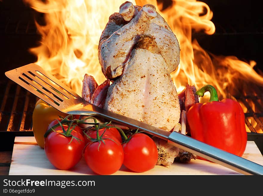 Chicken and Vegetables before the Flame in BBQ Facilities. Chicken and Vegetables before the Flame in BBQ Facilities