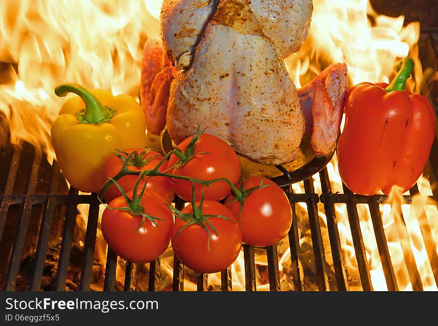 Chicken and Vegetables before the Flame in BBQ Facilities. Chicken and Vegetables before the Flame in BBQ Facilities