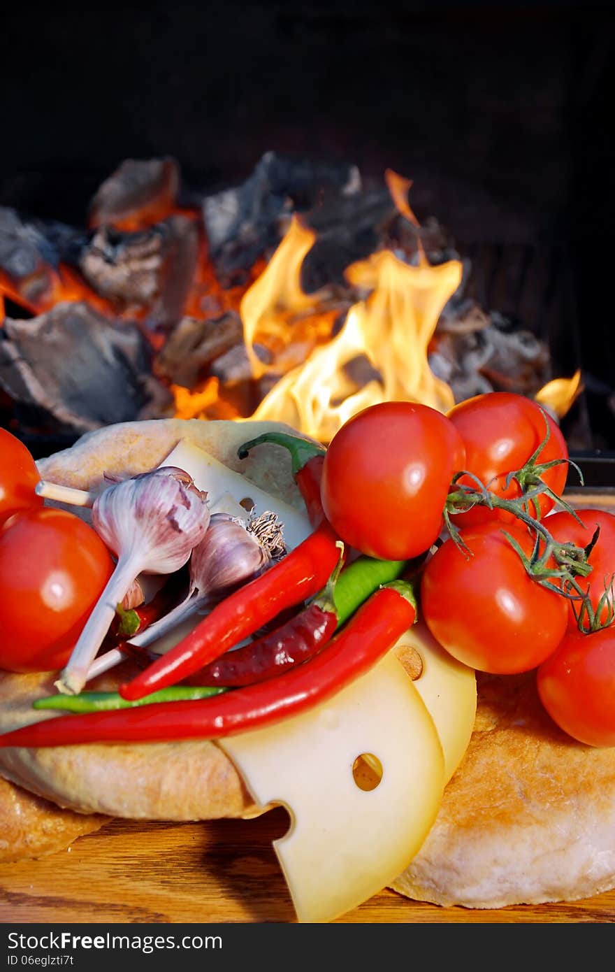 Vertical Arrangment With Bread, Cheese, Hot Chili Pepper And Gar