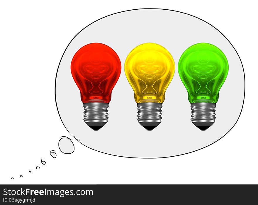 In search of good idea. Red, yellow and green light bulbs with weird reflections in thought bubble