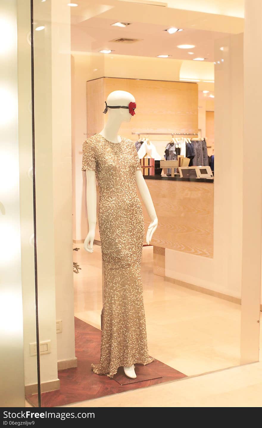 Evening dress in shopping window