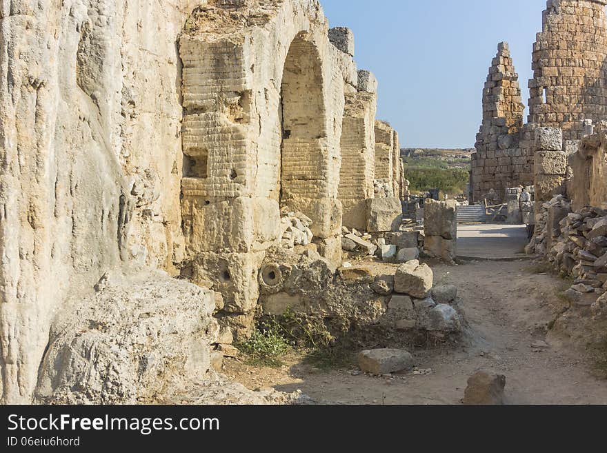 Very old Romes ruins inside the city if Antalya in Turkey. Very old Romes ruins inside the city if Antalya in Turkey