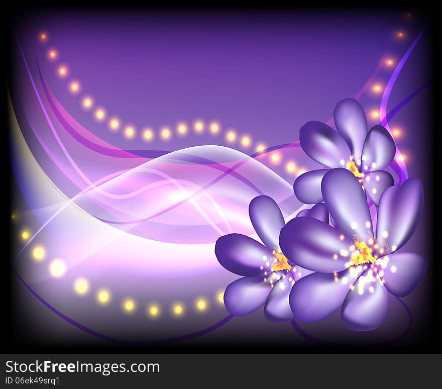 Floral wallpaper, violet background, waves, flowers, crocus,vector, violet flowers, black, white, flowing lines, glowing sparks, abstract