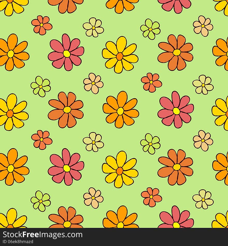 Colorful Flower Pattern On Green Background