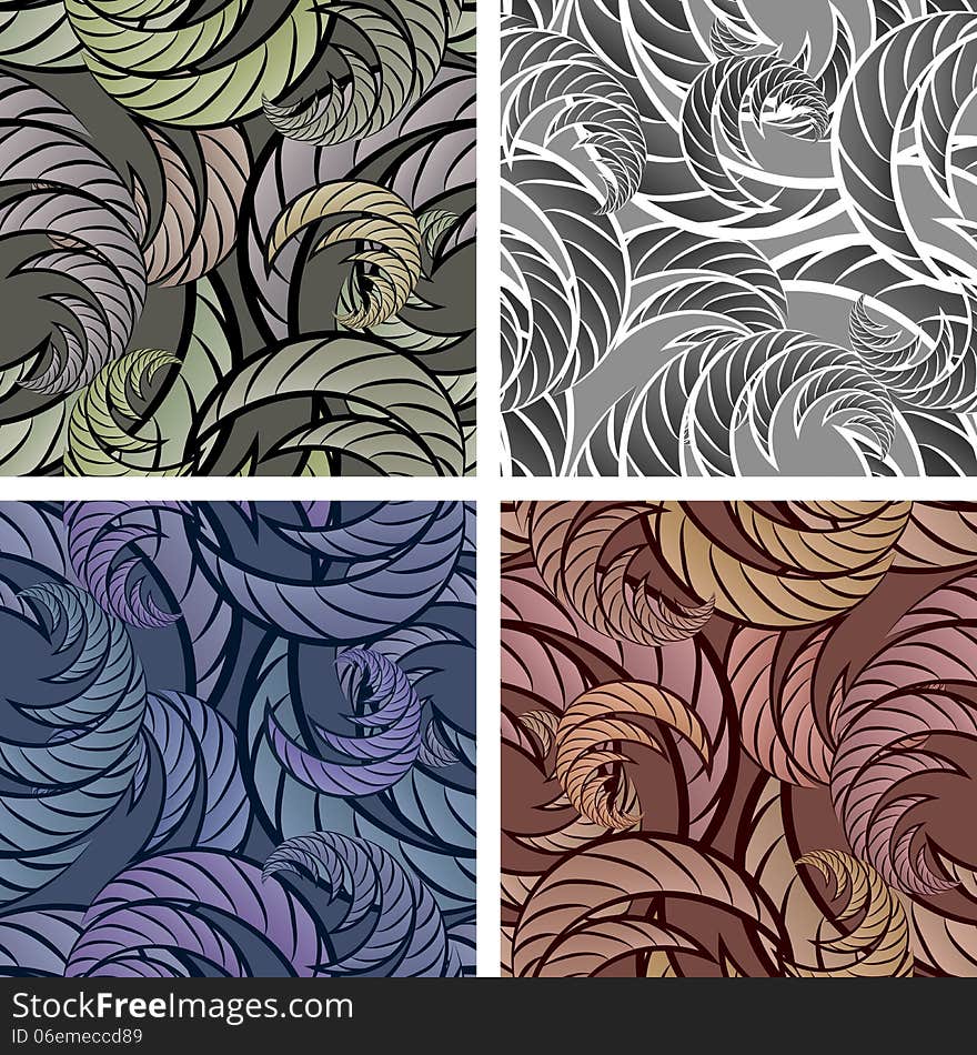 Set of seamless floral abstract patterns drawn in fore different color variations. Each variation contains pattern and separated background. Set of seamless floral abstract patterns drawn in fore different color variations. Each variation contains pattern and separated background